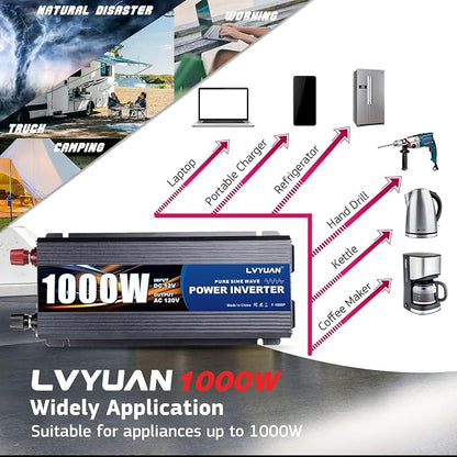 LVYUAN 1000 Watt Pure Sine Wave Power Inverter 12V to 110V/120V DC to AC