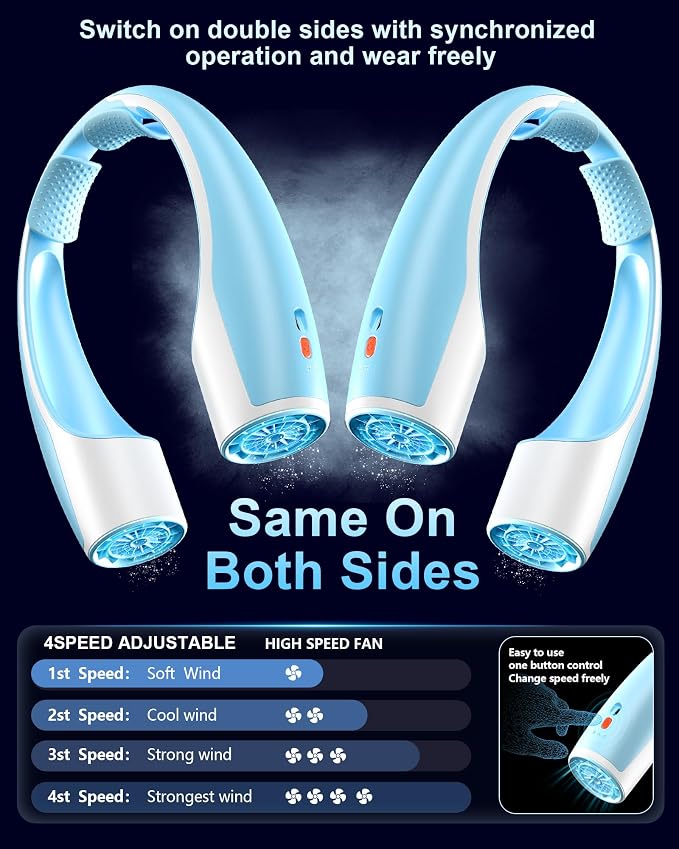 AI Neck Fan, 4 Speeds Adjustable Portable Personal Fan Rechargeable, 4000 mAh