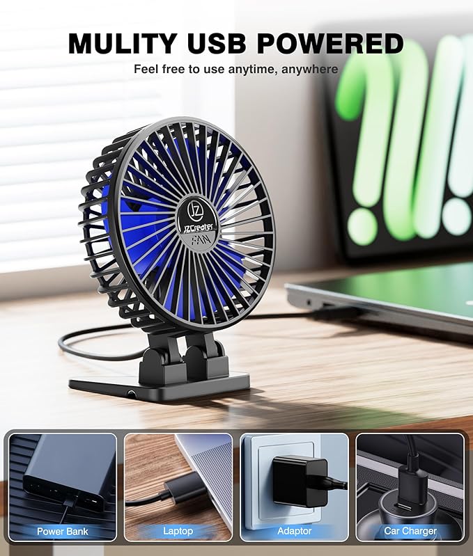 JZCreater USB Desk Fan, Mini Portable Fans, 3 Speeds Desktop Table Cooling Fan