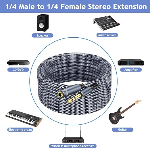 1/4" Male to Female Stereo Headphone Guitar Cable - 20ft Quarter Inch Extension