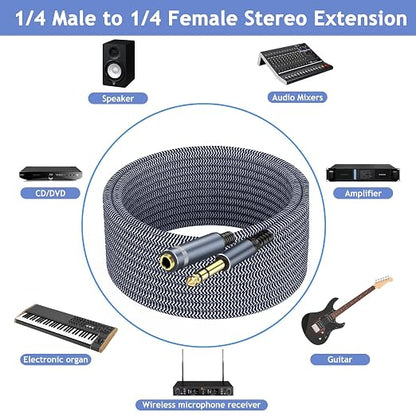 1/4" Male to Female Stereo Headphone Guitar Cable - 20ft Quarter Inch Extension