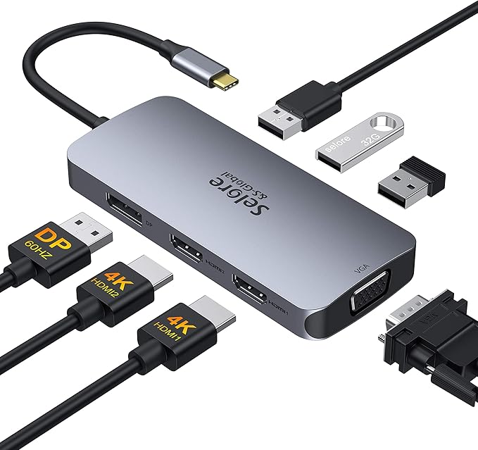 USB C to Dual HDMI Adapter, 7 in 1 USB C Docking Station to Dual HDMI