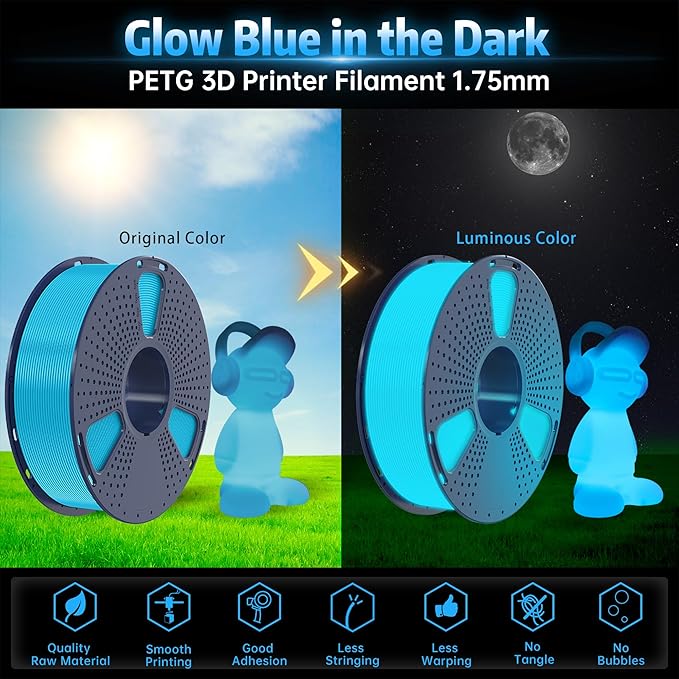 SUNLU PETG Glow in The Dark Filament, Luminous PETG 3D Printer Filament 1.75mm
