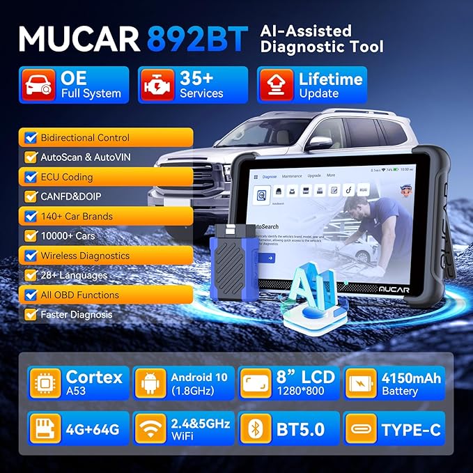 MUCAR 892BT AI-Assisted Bidirectional Scan Tool, Full System OBD2 Scanner