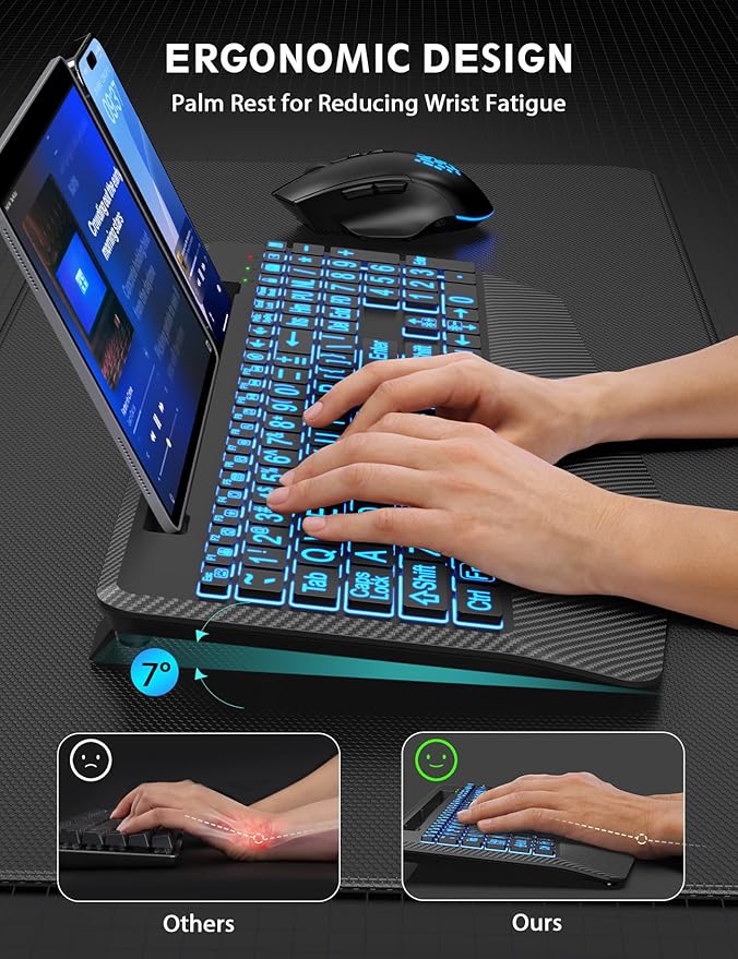 Wireless Keyboard and Mouse Backlits, Wrist Rest, LED Mouse, Rechargeable