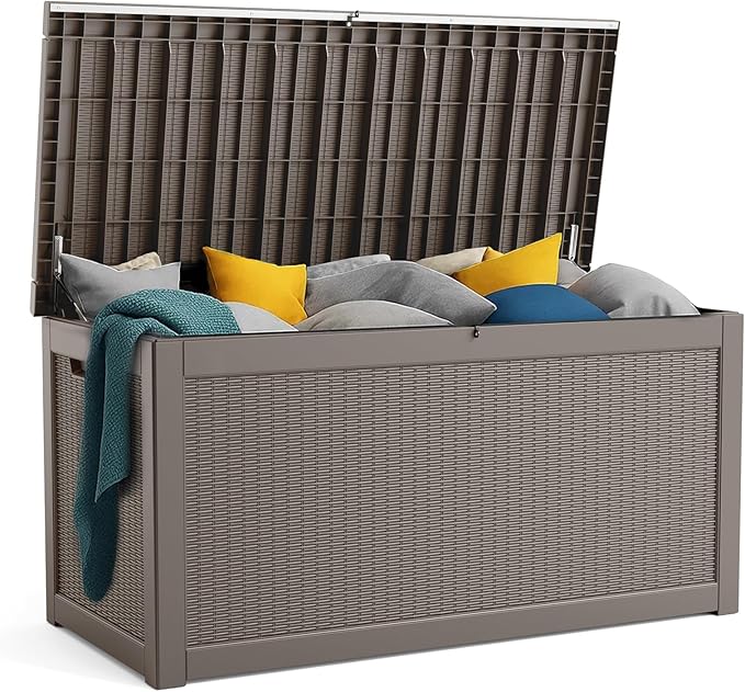 320 Gallon Resin Deck Box, Lockable Patio Outdoor Storage Box for Furniture, Garden Tools and Tools Storage, Waterproof Outside Storage Boxes - Grey