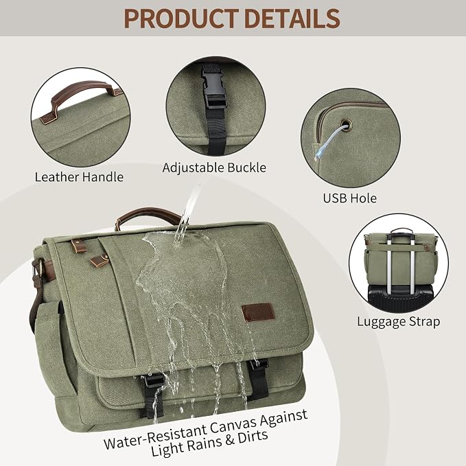 ESTARER Men's Messenger Bag 17.3 Inch, Water-resistant Canvas Laptop Bag
