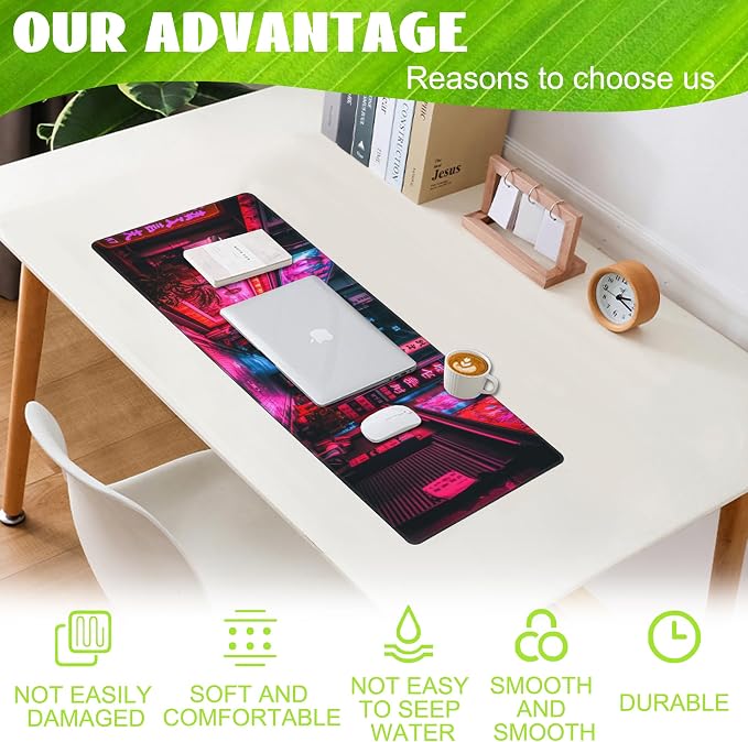 Desk Mat, Japanese Anime Neon Street Desk Pad, Anime City Large Gaming Mouse Pad