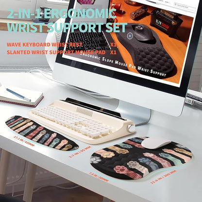 2-in-1 Ergonomic Set, Wave Rise Keyboard Wrist Rest and Massage Bulge Slope