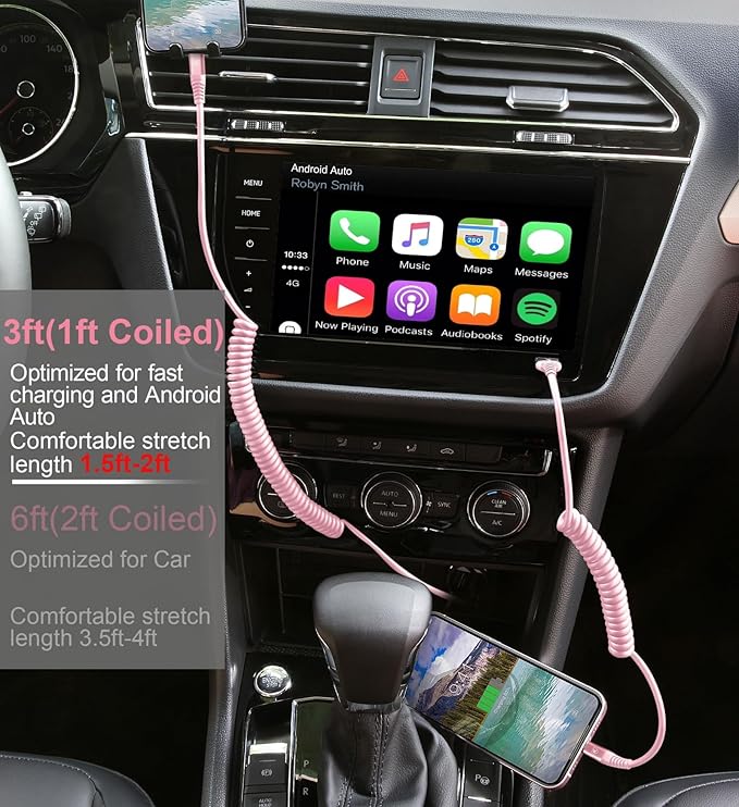 KIYODA USB C to Lightning Cable 3FTfor Car, Coiled iPhone Charger Fast Charging