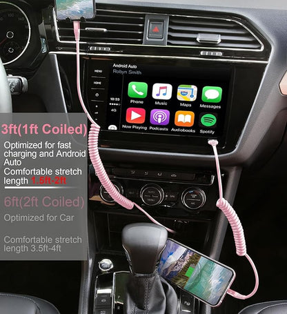 KIYODA USB C to Lightning Cable 3FTfor Car, Coiled iPhone Charger Fast Charging