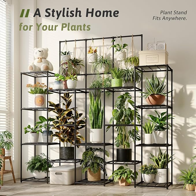 Metal Plant Stand Outdoor 63" Tall Plant Shelf for Plants 14-Tier Large Plant Sheves for Indoor Plants Living Room Heavy Duty Rack Garden Balcony Patio Hanging Planter