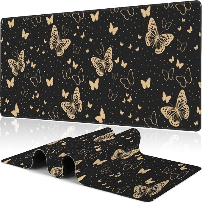 Golden Butterflies Desk Mat, Large Butterfly and Round Spots Gaming Keyboard