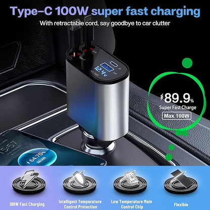 Retractable Car Charger with 100W, 4 in 1 Car Fast Charger