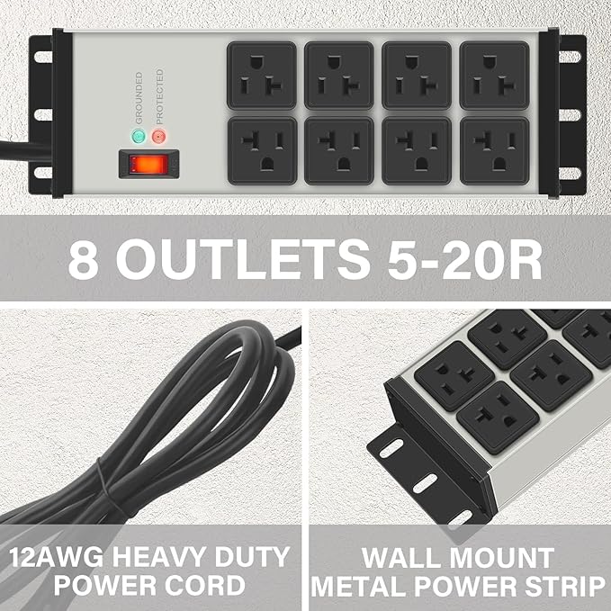 CCCEI Heavy Duty Power Strip Surge Protector 20 AMP, 8 Outlets 12 Gauge