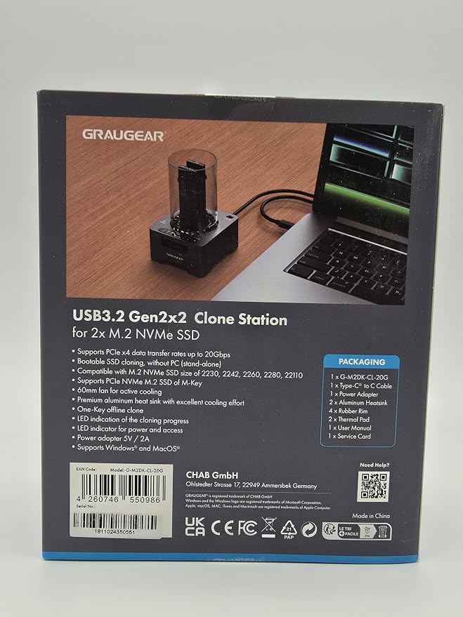 GRAUGEAR NVMe M.2 SSD Duplicator Dual-Bay Offline Clone Tool-Free, 20Gbps USB C