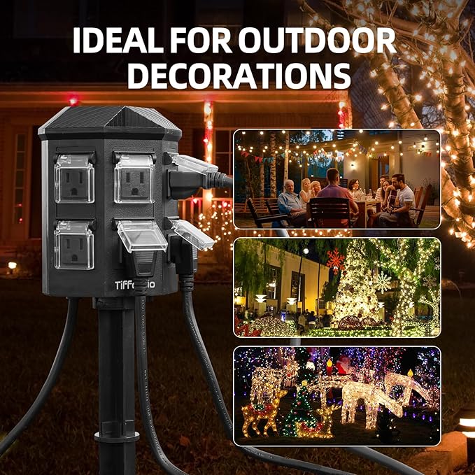 TiFFCOFiO Outdoor Power Strip Timer, Dusk to Dawn Light Sensor Countdown