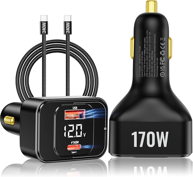 170W PD3.1 Car Charger with LED Voltage Display, USB-C Cigarette Lighter