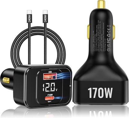 170W PD3.1 Car Charger with LED Voltage Display, USB-C Cigarette Lighter
