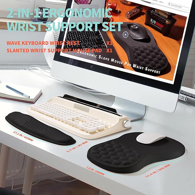 2-in-1 Ergonomic Set, Wave Rise Keyboard Wrist Rest and Massage Bulge Slope