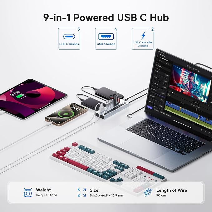 Powered USB C Hub, PULWTOP 9-in-1 USB-Hub suppprt 10Gbps & PD 45W Max Charging