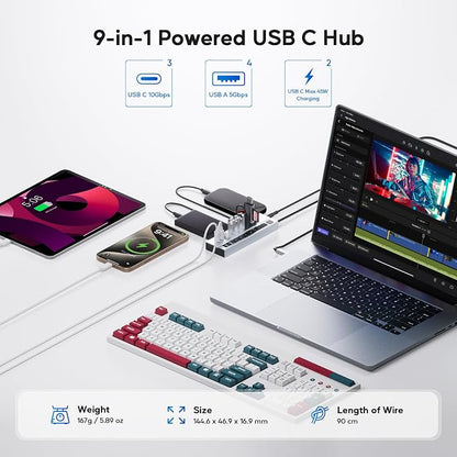 Powered USB C Hub, PULWTOP 9-in-1 USB-Hub suppprt 10Gbps & PD 45W Max Charging