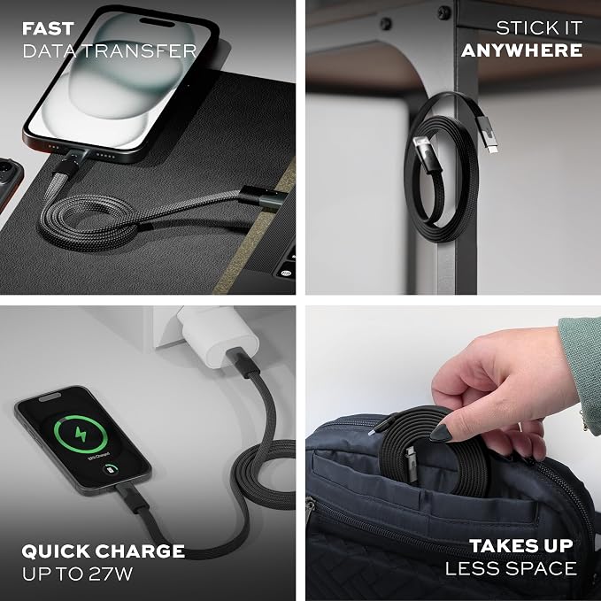 Statik MagStack USB to USB C Cable, Magnetic Anti Tangle Flat A to Type C
