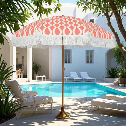 AMMSUN 7ft Patio Umbrella with Fringe Outdoor Tassel Umbrella UPF50+ Premium Steel Pole and Ribs Push Button Tilt, Wave Pink Champagne