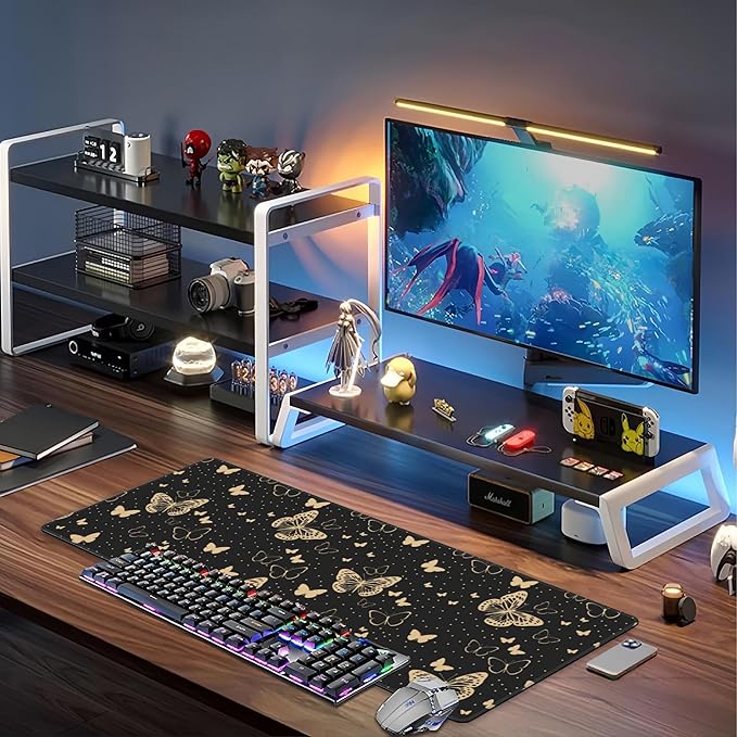 Golden Butterflies Desk Mat, Large Butterfly and Round Spots Gaming Keyboard