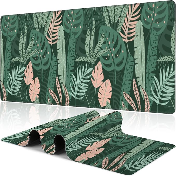 Tropical Plants and Leaves Desk Mat, Large Tropical Palm Leaves Gaming Keyboard