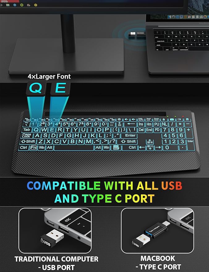 Wireless Keyboard and Mouse Backlits, Wrist Rest, LED Mouse, Rechargeable
