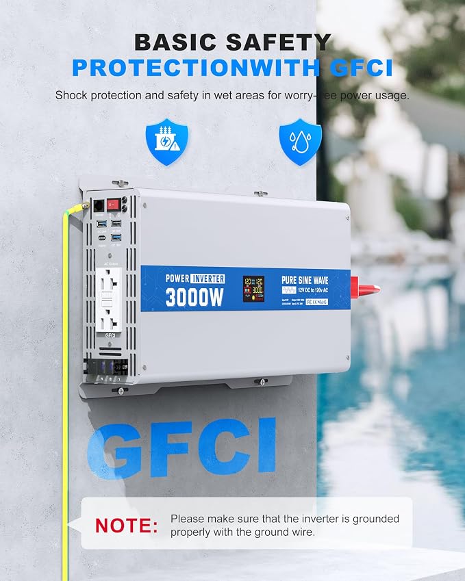 3000W Pure Sine Wave Power Inverter 12V DC to 120V AC Converter 6000 Watt Peak