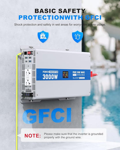 3000W Pure Sine Wave Power Inverter 12V DC to 120V AC Converter 6000 Watt Peak