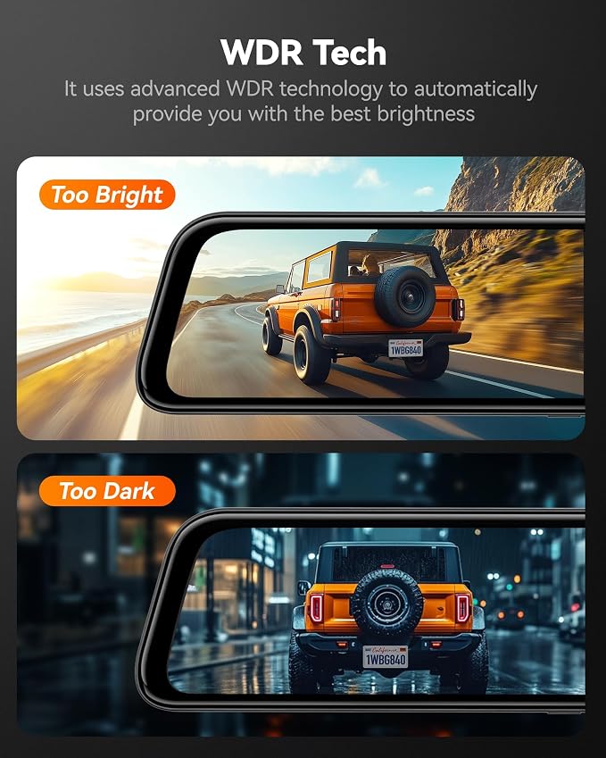 WOLFBOX G840S 12" 4K Mirror Dash Cam Backup Camera, 5.8GHz WiFi Smart Rearview