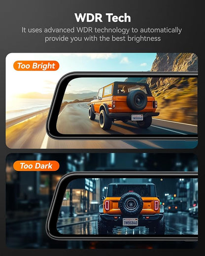 WOLFBOX G840S 12" 4K Mirror Dash Cam Backup Camera, 5.8GHz WiFi Smart Rearview