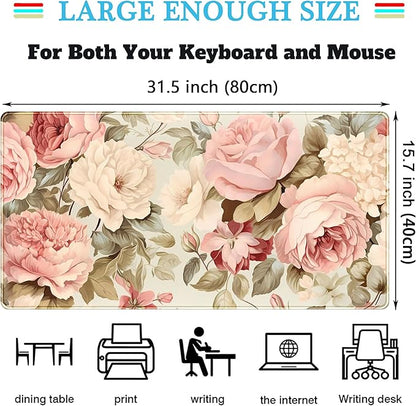 Cute Floral Desk Mat Pastel Roses Gaming Mouse Pad XXL Large Extended Flowers