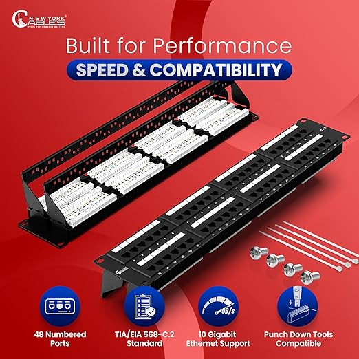 NewYork Cables 48 Port Cat6 Patch Panel – 10Gb Ethernet, 2U Rackmount 19-Inch