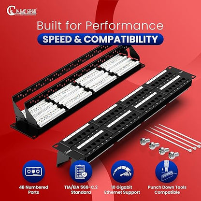 NewYork Cables 48 Port Cat6 Patch Panel – 10Gb Ethernet, 2U Rackmount 19-Inch