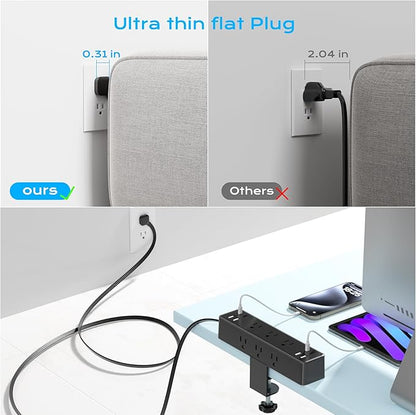 Flat Plug Desk Clamp Power Strip 10FT, 40W Total Fast Charging Station