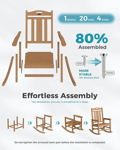 Ciokea Oversized Outdoor Rocking Chairs Set of 4, 380lbs Heavy-Duty Large Patio Rocker, High Back Cozy Porch Chairs, Weather Resistant Patio Rocking Chairs for Outside, Fire Pit, Deck, Teak