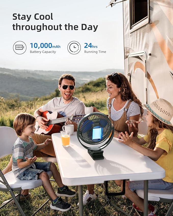 Koonie 10000mAh Rechargeable Portable 8-Inch Clip-on Fan, USB Car Fan 4 Speeds