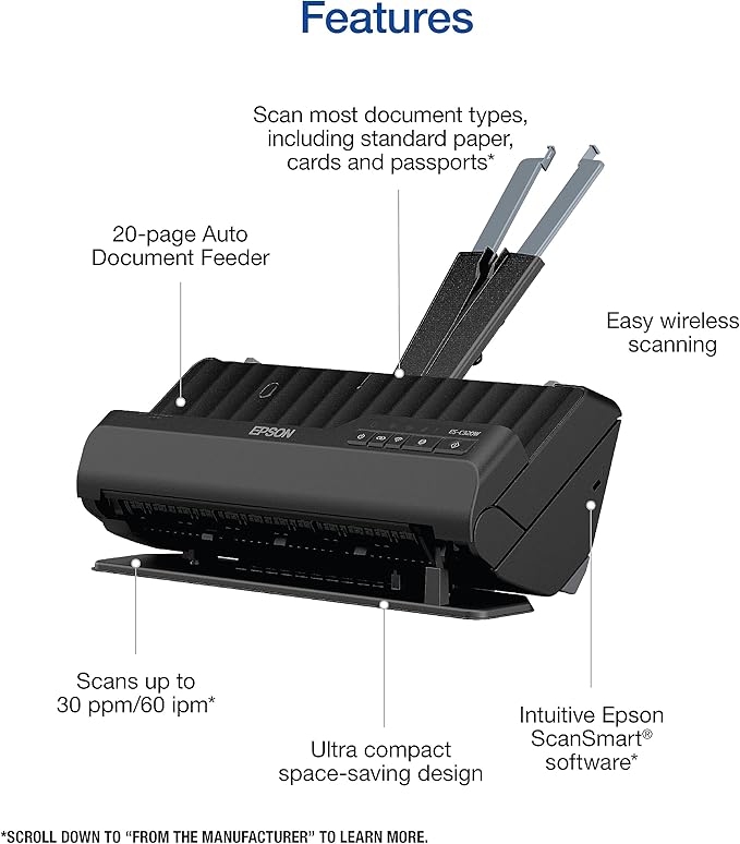 Epson - Workforce ES-C320W - Wireless Compact Desktop Document Scanner -