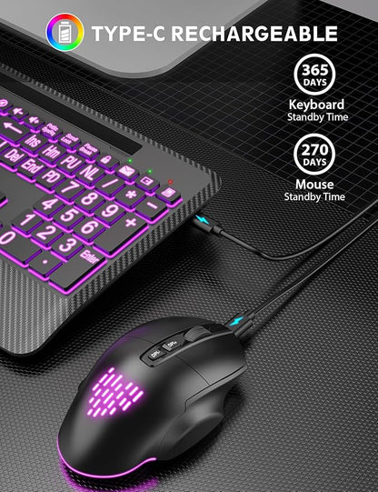 Wireless Keyboard and Mouse Backlits, Wrist Rest, LED Mouse, Rechargeable