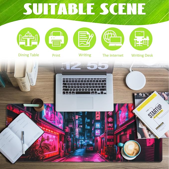 Desk Mat, Japanese Anime Neon Street Desk Pad, Anime City Large Gaming Mouse Pad