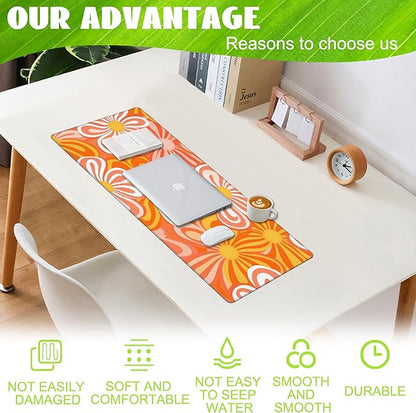 Desk Pad - Hippie Vintage Orange Flowers Desk Mat, Retro Floral Large Gaming