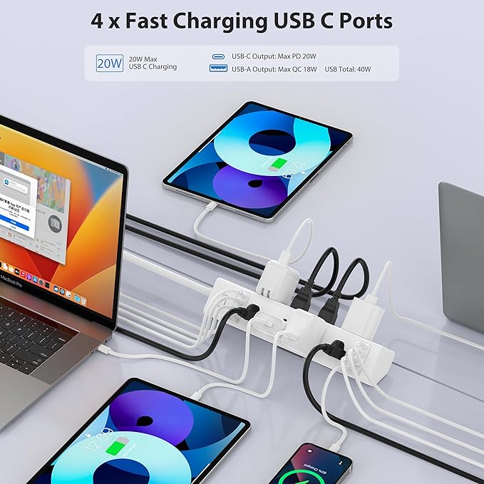 40W Fast Charging Station, Desk Clamp Power Strip 20W USB C, 8 Outlets