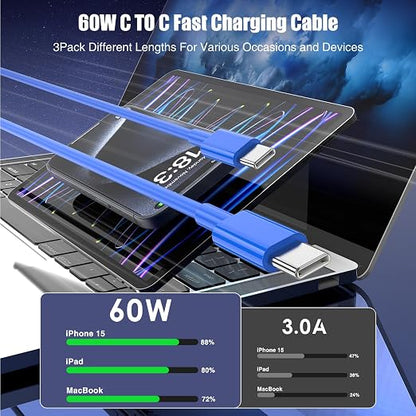 3-Pack Blue 60W USB C to USB C Cable, Type C Fast Charging Cable