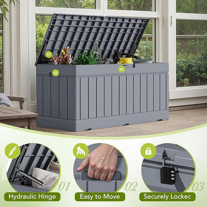 Devoko 78 Gallon Deck Box, Waterproof Resin Outdoor Storage Box for Outside and Patio, Outdoor Storage Bench Lockable for Patio Furniture, Garden Tools and Pool Supplies (Grey, 78 Gallon)