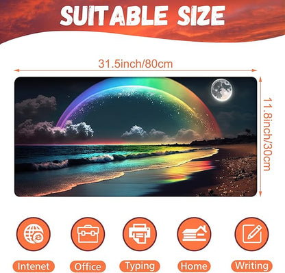 Desk Mat, Rainbow and Full Moon Desk Pad, Beach at Night Large Gaming Mouse Pad