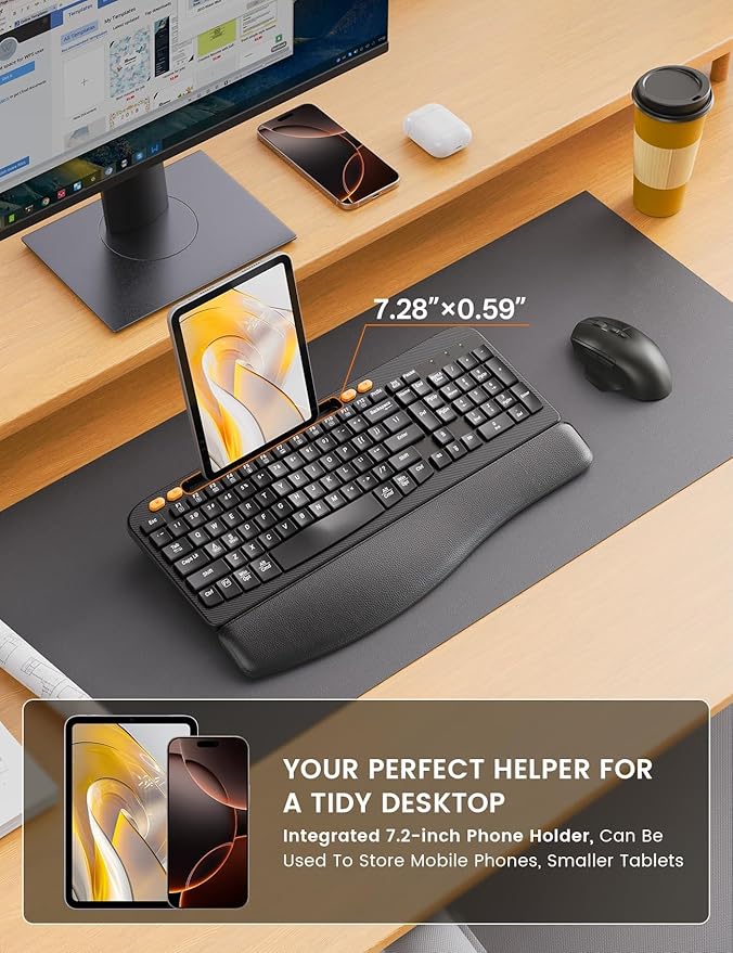 Wireless Keyboard and Mouse Combo, Ergonomic Wave Keys, Cushioned Plam Rest